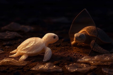 Plastic bag in the shape of a turtle, lying on dirty sand surrounded by plastic waste and looking