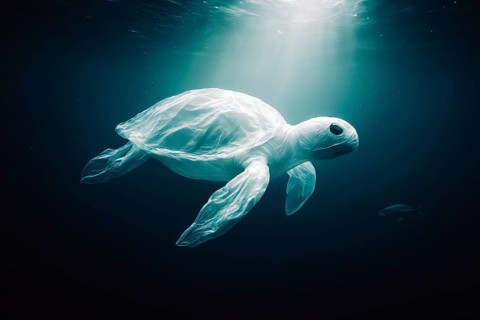 Plastic bag in the shape of a turtle, floating, in the background a fish-shaped plastic bag, dark