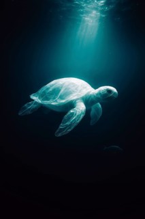 Plastic bag in the shape of a turtle, photorealistically floating in the open ocean, dramatic light