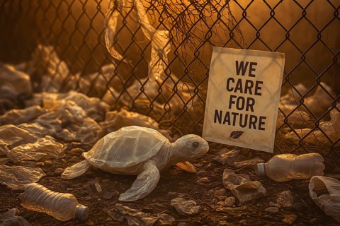 Plastic bag in the shape of a turtle, on the ground in front of a metal fence with rubbish lying