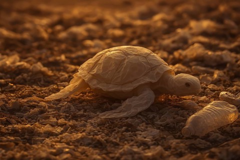 Plastic bag in the shape of a turtle, crawling over a polluted sandy beach, surrounded by a PET