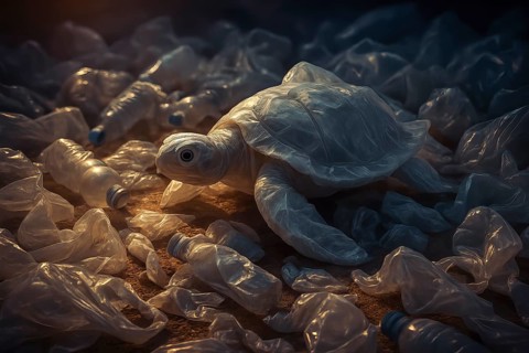 Plastic bag in the shape of a turtle, crawling over a polluted sandy beach, surrounded by PET