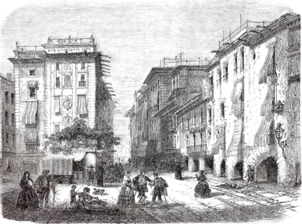 San Augustin Bella Square, 1875, Barcelona, Spain, digitally enhanced reproduction from a 19th
