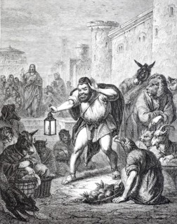 Aesop seeks a man, 1880, from Aesop's Fables, a collection of fables by Aesop, a deformed slave and