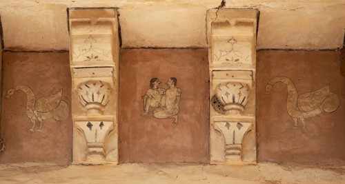 Wall painting in the Amber Fort or fortress, Kamasutra depiction, Jaipur, Rajasthan, India