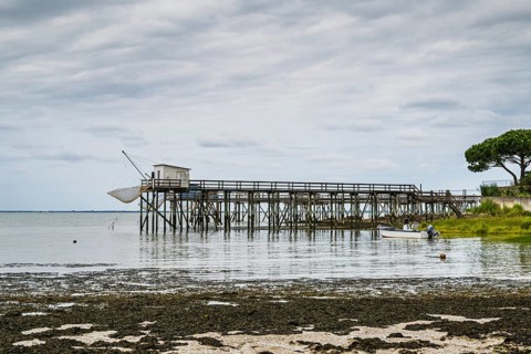 Fishing huts over Randonnee entre Histoire et Nature from a drone, Fouras, Fouras-les-Bains,