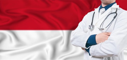 Monaco healthcare concept. Male doctor on Monaco flag. Doctor with crossed arms on Monaco flag