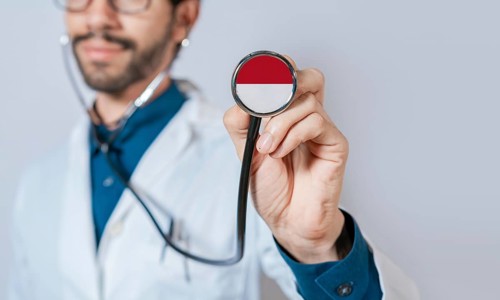 Doctor holding stethoscope with Monaco flag. Monaco health and care concept, Monaco flag on