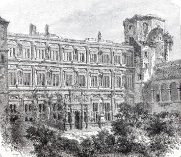 The faÃ§ade of the Otto Heinrich House in Heidelberg, around 1870, Germany, digitally enhanced