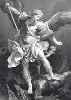 The Archangel Michael, after a painting by Guido Reni, illustration from 1870, digitally enhanced