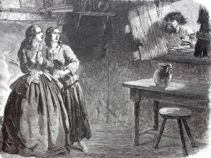 Two young woman are frightened because a man with a wolf is looking in through the window, 1875,