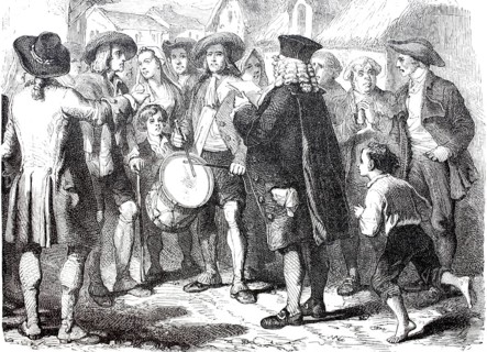 A mayor, an official in charge of the legal system, reads a proclamation to the people, 1870,