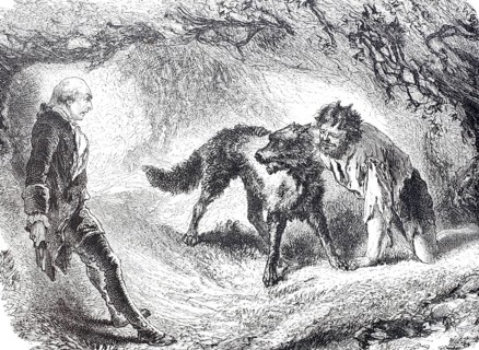 Elegant man meets a derelict hermit with a pet wolf in the forest, 1875, Novel illustration,