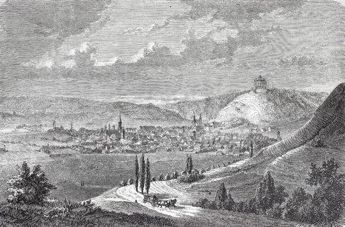 Liberation Hall and town of Kelheim around 1870, Lower Bavaria, Bavaria, Germany, Historical,
