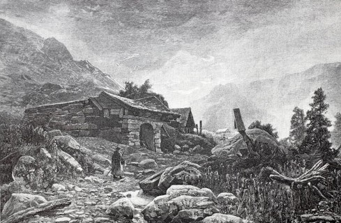 After the thunderstorm in the mountains, farmer standing in front of a farmhouse, around 1870,