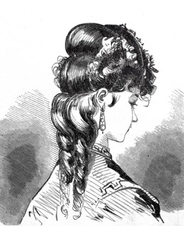 Women's heads, hairstyles and headgear around 1860, dress a la Watteau, wadding, rococo,