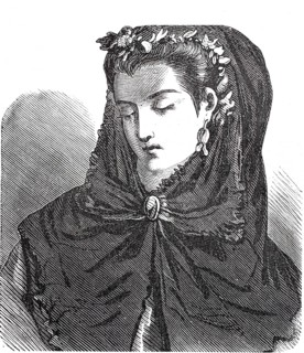 Women's heads, hairstyles and headgear around 1860, hat with Spanish mantilla, lace veil worn