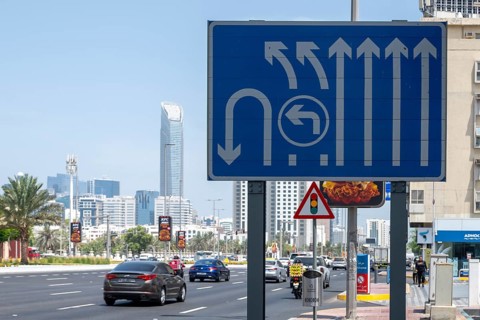 Signpost eight-lane Sheikh Rashid Bin Saeed Street, Abu Dhabi, United Arab Emirates