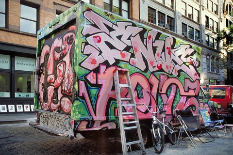 Truck completely sprayed with graffiti, Manhattan, New York City. USA
