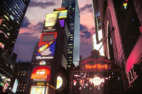 Time Square in the evening, on the right the Hard Rock Café, New York City, USA