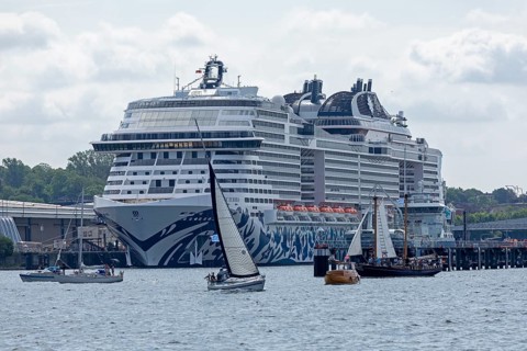 Cruise ship MSC Euribia, sailing boats, Kiel, Schleswig-Holstein, Germany