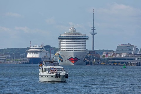 Yacht, ferry, cruise ship AIDAmar, television tower, Kieler Woche, Kiel, Schleswig-Holstein,