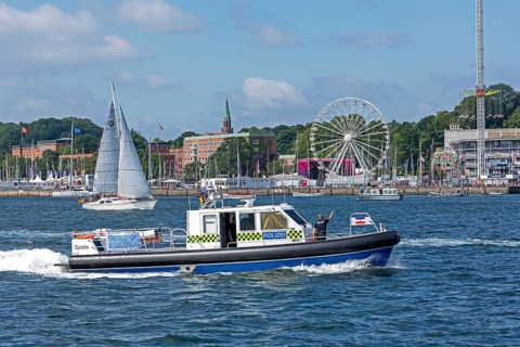 Sailing boat, police boat, Ferris wheel, Kieler Woche, Kiel, Schleswig-Holstein, Germany