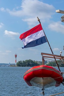 Dutch flag, dinghy, sailing ship Elegant, lighthouse, Kieler Woche, Holtenau, Kiel,