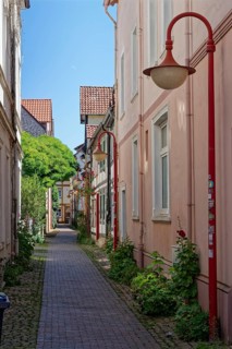 The Giebelgasse in the historic old town of Rinteln. Lower Saxony, Germany