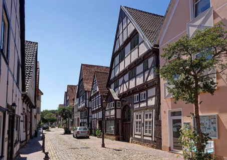 BÃ¤ckerstraÃŸe in the historic old town centre of Rinteln. Lower Saxony, Germany