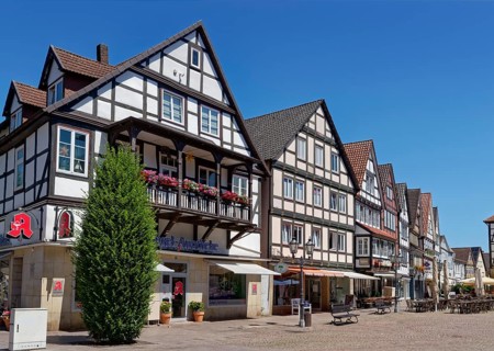 Half-timbered houses on the market square in the historic old town of Rinteln. Lower Saxony,