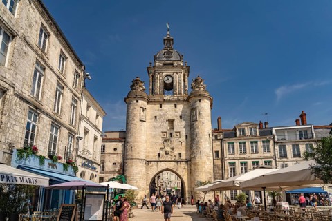 The Porte de la Grosse Horloge clock tower in La Rochelle, France