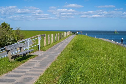 Bench and path on the dyke, Tammensiel, Pellworm Island, North Frisia, North Sea,