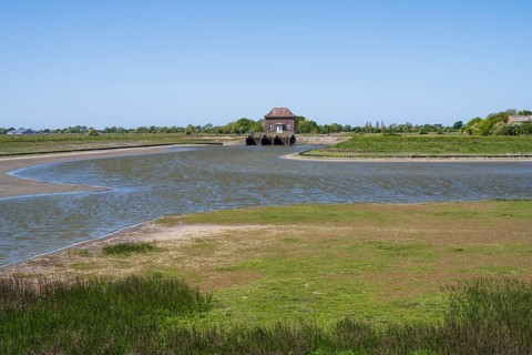 Barrage at the Siel, Tammensiel, Pellworm Island, North Frisia, North Sea, Schleswig-Holstein,