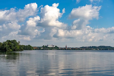 The Great Plön Lake, Nikolai Church and Plön Castle in Plön, Schleswig-Holstein, Germany