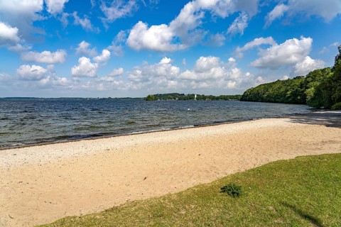 Prinzeninsel beach in the GroÃŸer Plöner See near Plön, Schleswig-Holstein, Germany