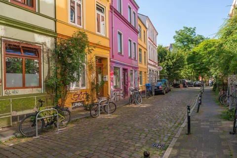 Colourful residential street in the Ostertor quarter a popular residential area, eastern suburb,