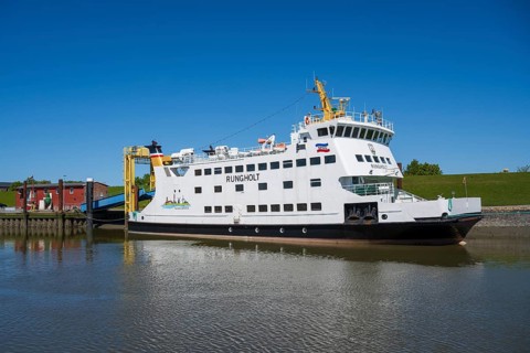 Ferry in the harbour, Tammensiel, Pellworm Island, North Frisia, North Sea, Schleswig-Holstein,