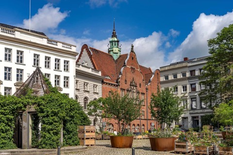 Flower boxes on Geibelplatz and the Ernestinenschule in the Hanseatic city of LÃ¼beck,