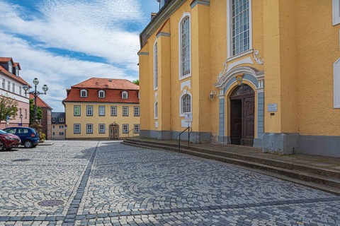 St James' Church and church square in Ilmenau, Thuringia, Germany