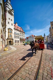 Döbeln tram, historic horse-drawn tram at the Döbeln upper market, rail transport, local public