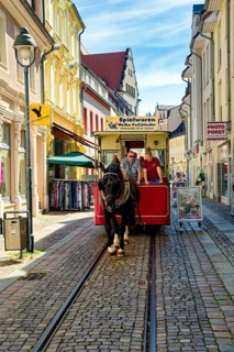 Döbeln tram, historic horse-drawn tram in Döbeln's old town, rail transport, public transport,