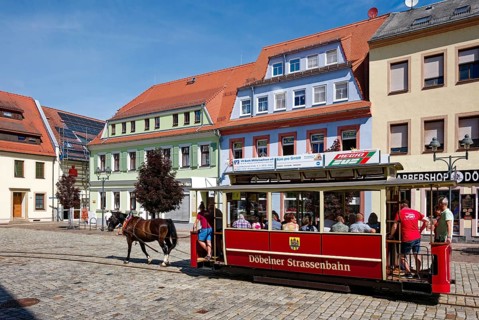 Döbeln tram, historic horse-drawn tram at Döbelner Untermarkt, rail transport, local public
