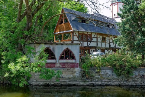 Historic dyers' houses on the Mulde river, renovated half-timbered buildings, Döbeln old town,