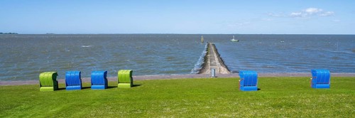 Beach chairs on a blooming meadow on the North Sea coast, GrÃ¼nstrand, Pellworm Island, North Sea,