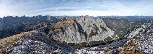 Mountain panorama from the summit of the Gamsjoch, view of the rocky mountain ridge of the