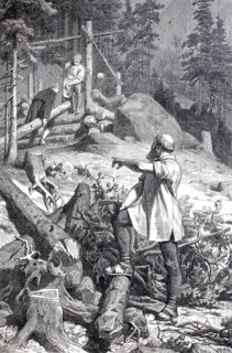 Construction of a log cabin in the forest, woodcutter, tree trunks, 18th century, Falkenstein,