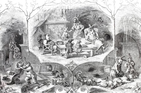 Die Kaffeevisite bei KÃ¼nigls, Kaninchen, after an animal fable by Dr JÃ¤ger, 1870, Historical,