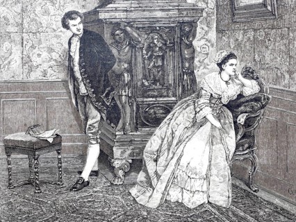 Sulking woman, annoyed with her man, living room with tiled stove, around 1870, distinguished