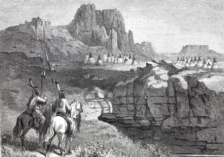 An Indian camp with tents, tepees, in West Dakota in 1860, America, Historical, digitally enhanced